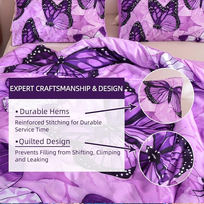 Btargot 3 Piece Purple Butterfly Girls Kids Adults Queen Size Comforter Set, Lightweight Soft All Season Bedding Set with 2 Pillowcases - LeafyLoom
