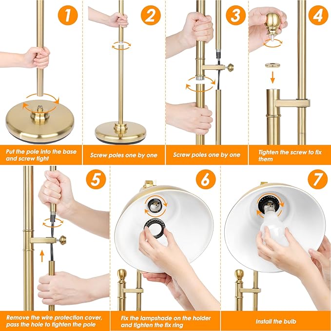 Gold Floor Lamp, 3 Color Temperature Standing Tall Pole Lamps, Adjustable Height & Head Reading Lamp, Industrial Floor lamps for Living Room, Bedroom, Office - LeafyLoom