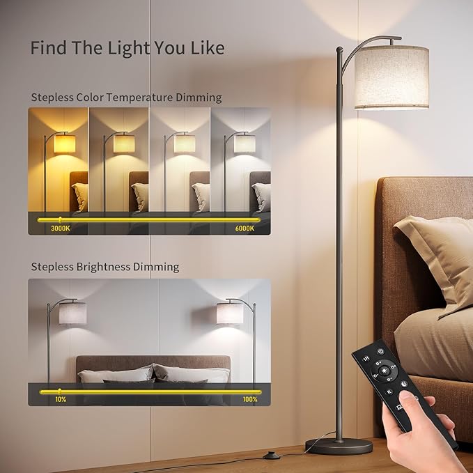 SUNMORY Dimmable Floor Lamp with Remote Control，Lamp for Living Room Stepless Color Temperature and Brightness, Standing Lamp for Bedroom and Office with 1H Timer，Gray Floor Lamp with Linen Shade - LeafyLoom