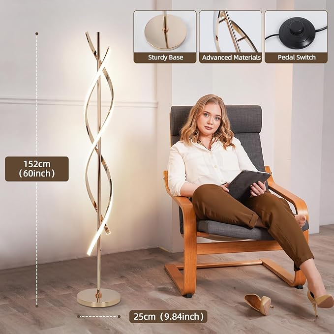 LED Modern Floor Lamp for Living Room, 40W 3 Colors Stepless Dimmable and Color-Changing Bright Floor Standing Lamp,60" Unique Spiral Floor Tall Lamp for Bedroom Office with Remote,Gold - LeafyLoom