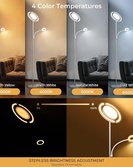 FIMEI 3 in 1 Floor Lamp, Modern Bright Standing Lamp with Split Rotatable Outer Ring Light and Small Reading Light, 4 Color and Dimmable, 3-Way Independent Control for Living Room Office, White - LeafyLoom