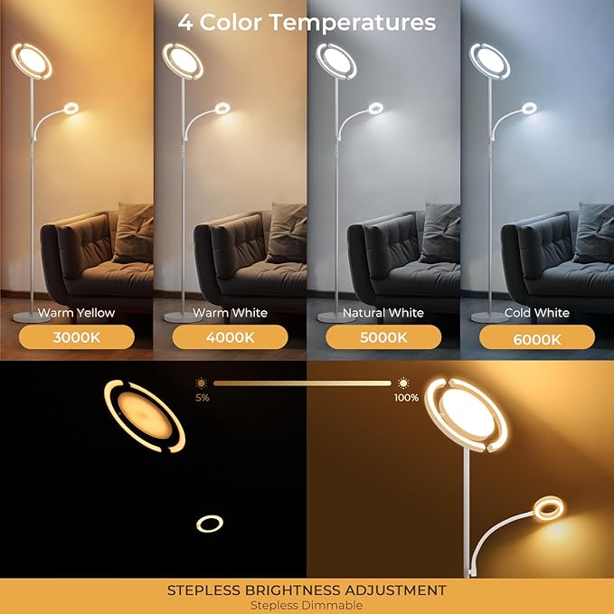FIMEI 3 in 1 Floor Lamp, Modern Bright Standing Lamp with Split Rotatable Outer Ring Light and Small Reading Light, 4 Color and Dimmable, 3-Way Independent Control for Living Room Office, White - LeafyLoom