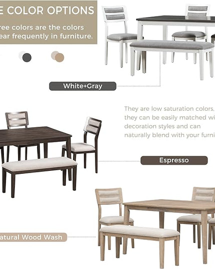 Dining Table Set for 6, Classic and Traditional Style 6-Piece Dining Room Table Set with Backrest, Kitchen Table with 4 Upholstered Chairs & Bench, Natural Wood Wash - LeafyLoom