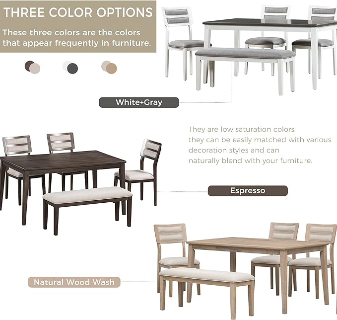 Dining Table Set for 6, Classic and Traditional Style 6-Piece Dining Room Table Set with Backrest, Kitchen Table with 4 Upholstered Chairs & Bench, Natural Wood Wash - LeafyLoom