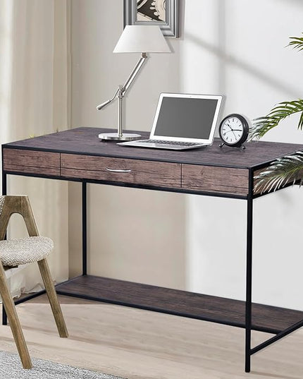 FurnitureR Vintage Wooden Computer Desk with Drawer, 43 Inches Industrial Writing Desk Workstation with Metal Legs and Bottom Shelf for Home Office, Brown - LeafyLoom