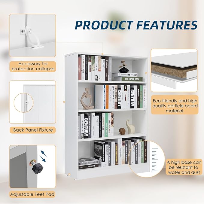 Farini White Bookshelf for Bedroom 4 Shelf Office Bookcase 48 Inches Tall Modern Wood Bookshelf for Living Room 4 Tier Wide Manga Bookshelf Library Bookcase - LeafyLoom