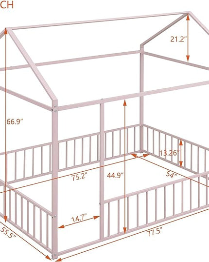 RITSU Full Size Montessori Floor Bed, Metal House Bedframe with Fence, Robust Construction is Used, for Children'S Rooms, Boys Girls, No Box Spring Needed, Easy Assembly, Pink - LeafyLoom