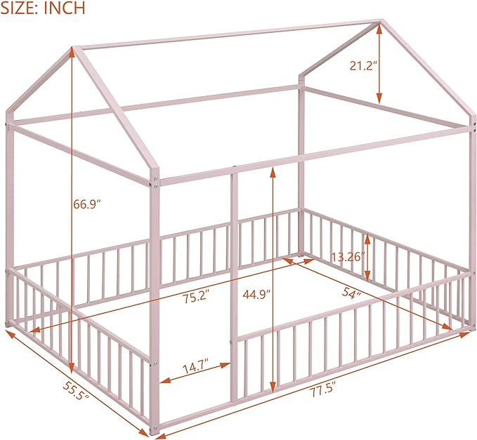 RITSU Full Size Montessori Floor Bed, Metal House Bedframe with Fence, Robust Construction is Used, for Children'S Rooms, Boys Girls, No Box Spring Needed, Easy Assembly, Pink - LeafyLoom