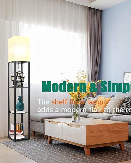 Floor Lamp with Shelves, Modern Standing Shelf Lamp with 3 CCT LED Bulb and White Shade for Living Room Bedroom and Office-Black - LeafyLoom