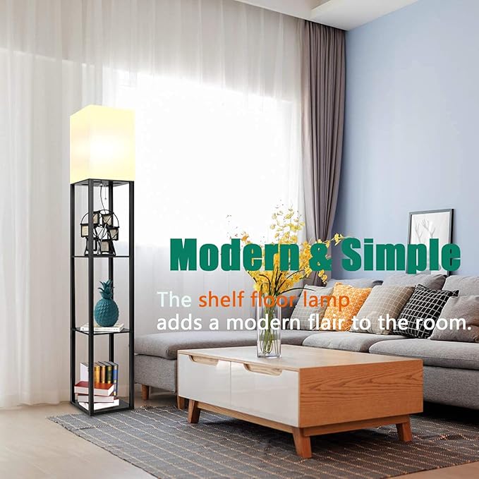 Floor Lamp with Shelves, Modern Standing Shelf Lamp with 3 CCT LED Bulb and White Shade for Living Room Bedroom and Office-Black - LeafyLoom