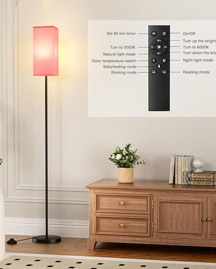 Ambimall Remote Control Floor Lamp, Stepless Dimmable, 64 Inches Tall, Include 9W Bulb, Standing Lamp for Living Room Bedroom Office (Pink & Black) - LeafyLoom