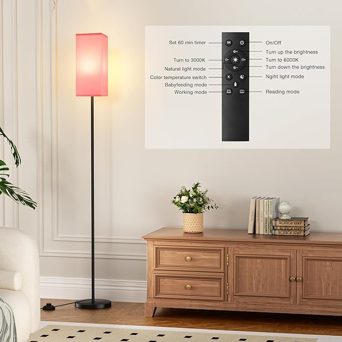 Ambimall Remote Control Floor Lamp, Stepless Dimmable, 64 Inches Tall, Include 9W Bulb, Standing Lamp for Living Room Bedroom Office (Pink & Black) - LeafyLoom