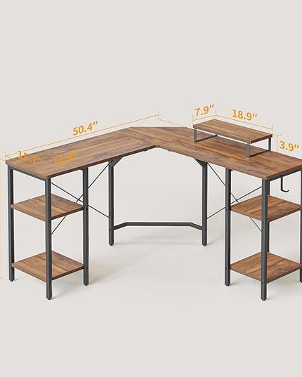 BANTI L Shaped Desk with Shleves, 50.4 inch Large Corner Desk with Two Storage, Space Saving, Easy to Assemble, Brown - LeafyLoom