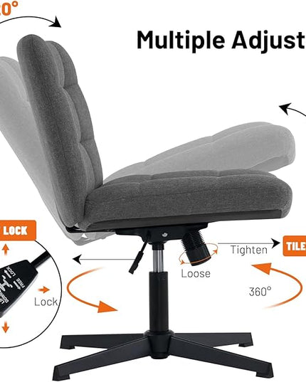 Furniliving Criss Cross Wide Chair, Comfy Legged Desk Chair No Wheels Armless Modern Swivel Chair with Mid Back, Height Adjustable Wide Seat for Home Office Vanity, Grey - LeafyLoom