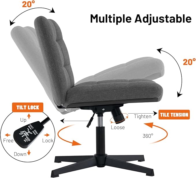 Furniliving Criss Cross Wide Chair, Comfy Legged Desk Chair No Wheels Armless Modern Swivel Chair with Mid Back, Height Adjustable Wide Seat for Home Office Vanity, Grey - LeafyLoom