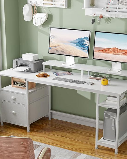 Furologee 61" Computer Desk with Fabric File Cabinet & Drawer, Reversible White Desk with Storage Shelf, Office Desk with Long Monitor Stand, Writting Desk Workstation, for Home/Office/White - LeafyLoom