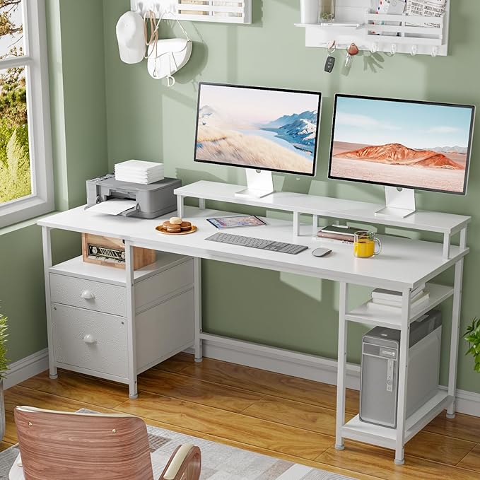 Furologee 61" Computer Desk with Fabric File Cabinet & Drawer, Reversible White Desk with Storage Shelf, Office Desk with Long Monitor Stand, Writting Desk Workstation, for Home/Office/White - LeafyLoom