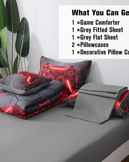 JQinHome Twin Gamer Comforter Set for Boys Girls Kids,6 Piece Bed in A Bag 3D Video Game Bedding -All Season Soft Microfiber Down Alternative Comforter Gamer Bedding Sets with Sheets （Red） - LeafyLoom