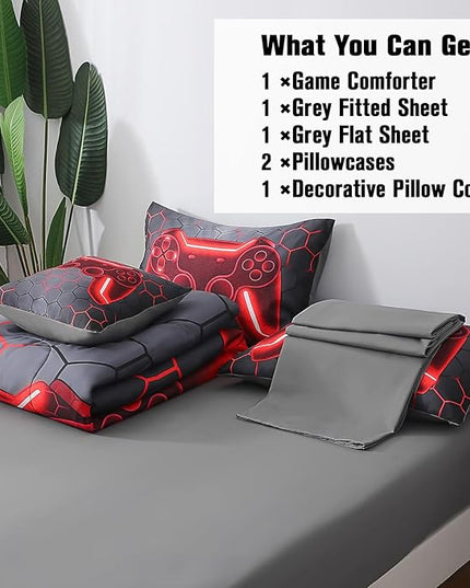 JQinHome Queen Gamer Comforter Set for Boys Girls Kids,6 Piece Bed in A Bag 3D Video Game Bedding -All Season Soft Microfiber Down Alternative Comforter Gamer Bedding Sets with Sheets （Red） - LeafyLoom