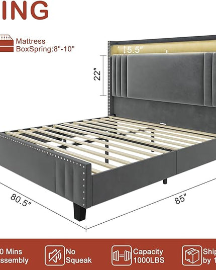 King Size Bed Frame with Tall Headboard & LED Light,Velvet Upholstered Wingback Storage Headboard with Charging Station,Tufted Platform Bed Frame,No Box Spring Needed Dark Grey - LeafyLoom