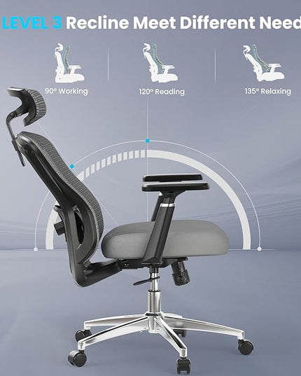 Farini Office Chair Ergonomic Desk Chair, High Back Office Chair with Wheels, Home Office Chair for Heavy People, Office Chair Adjustable Seat Depth, 3D Armrests and Adjustable Headrest, Gray - LeafyLoom