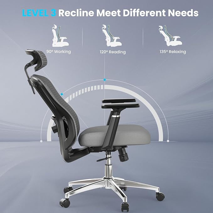 Farini Office Chair Ergonomic Desk Chair, High Back Office Chair with Wheels, Home Office Chair for Heavy People, Office Chair Adjustable Seat Depth, 3D Armrests and Adjustable Headrest, Gray - LeafyLoom