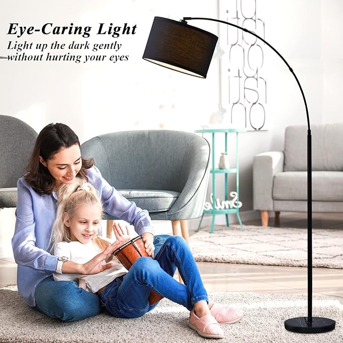 Arc floor lamps for living room, Dimmable Floor Lamp with Adjustable Head, Black Finish Modern Floor Lamp, Over Couch Tall Standing Hanging Light for Reading, Bedroom, Office, 8W LED Bulb Include - LeafyLoom