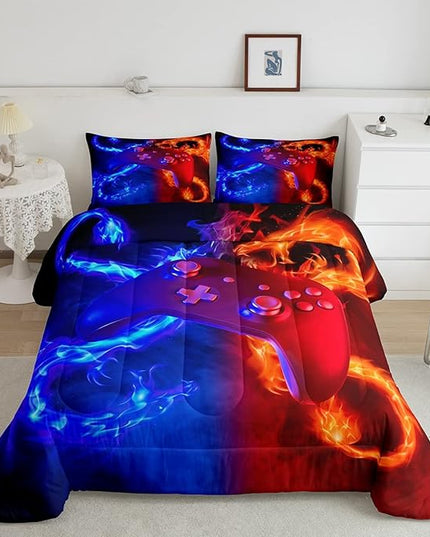 Ice Fire Dragon Comforter Set for Boys Teens Kids Gamer Games Room Decor Bedding Set Blue Red Gaming Gamepad Down Comforter ,Fairy Tale Animals Theme Room Decor 2Pcs Duvet Insert Twin Size,Soft - LeafyLoom