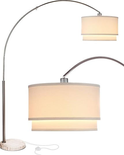 Brightech Mason Arc Floor Lamp - Modern Corner Standing Lamp with Unique Hanging Drum Lamp Shade for Living Room - Bright Overhead, Curved Hanging Light for Bedroom. Library, Den - Nickel - LeafyLoom