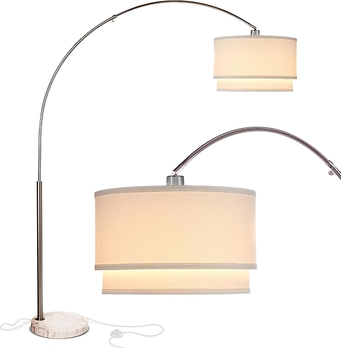 Brightech Mason Arc Floor Lamp - Modern Corner Standing Lamp with Unique Hanging Drum Lamp Shade for Living Room - Bright Overhead, Curved Hanging Light for Bedroom. Library, Den - Nickel - LeafyLoom
