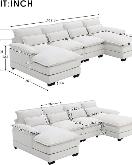 U Shaped Modular Sectional Sofa with Double Chaise Lounge, Chenille Upholstered Symmetrical Cloud Couch with Solid Wood Legs and Waist Pillows, 6 Seater Large Sofa&Couch for Living Room Office - LeafyLoom