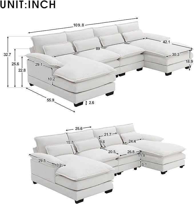 U Shaped Modular Sectional Sofa with Double Chaise Lounge, Chenille Upholstered Symmetrical Cloud Couch with Solid Wood Legs and Waist Pillows, 6 Seater Large Sofa&Couch for Living Room Office - LeafyLoom