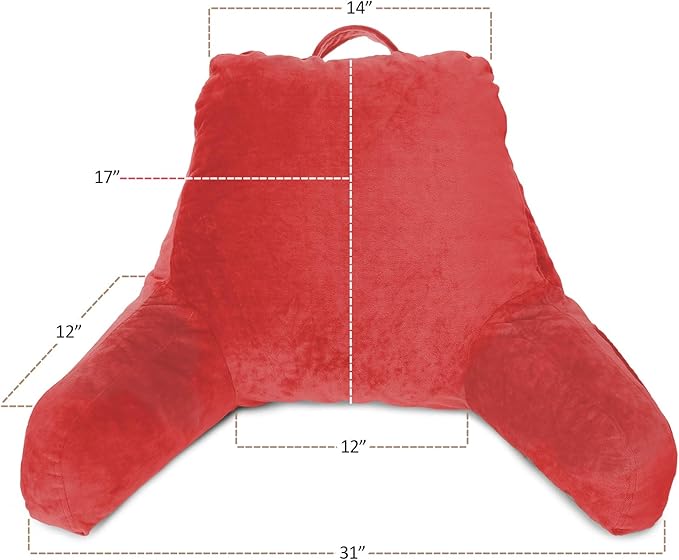 Clara Clark Reading Pillow, Standard Back Pillow for Sitting Up in Bed, Memory Foam Back Support Pillow, Reading Pillows for Sitting in Bed, Red Sit Up Pillow for Bed Chair Arm Pillow with Pockets - LeafyLoom