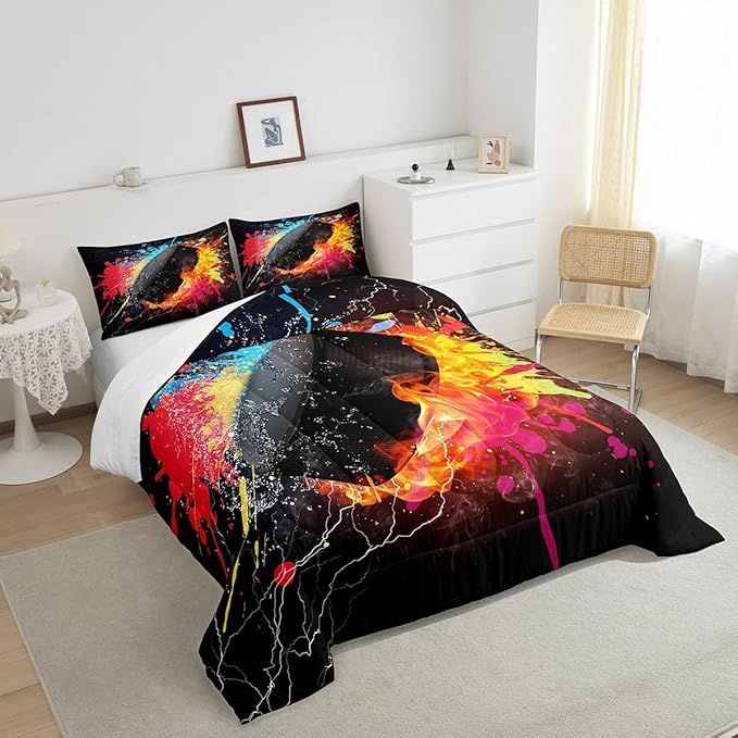 Erosebridal Hockey Bedding Set for Teen Boys Kids Winter Sports Full Comforter Set Grunge Hippie Tie Dye Ball Bed Comforter Sets Red Blue Fire and Water Lightning Quilt Duvet Insert 2 Pillow Cases - LeafyLoom