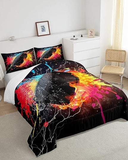 Erosebridal Hockey Bedding Set for Teen Boys Kids Winter Sports Twin Comforter Set Grunge Hippie Tie Dye Ball Bed Comforter Sets Red Blue Fire and Water Lightning Quilt Duvet Insert 1 Pillow Case - LeafyLoom