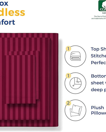 THREAD SPREAD Luxury Egyptian Cotton Twin Stripe Sheet Set - 600 Thread Count Extra Long Staple 3 PC Set, Twin Damask Sheets, Soft, Cooling Sateen Weave Striped Sheets Upto 18" Deep Pocket - Burgundy - LeafyLoom