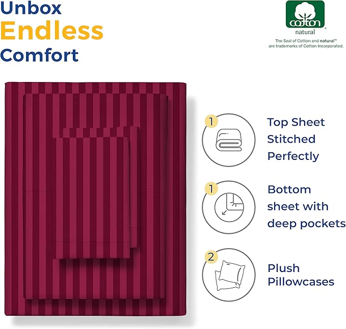 THREAD SPREAD Luxury Egyptian Cotton Twin Stripe Sheet Set - 600 Thread Count Extra Long Staple 3 PC Set, Twin Damask Sheets, Soft, Cooling Sateen Weave Striped Sheets Upto 18" Deep Pocket - Burgundy - LeafyLoom