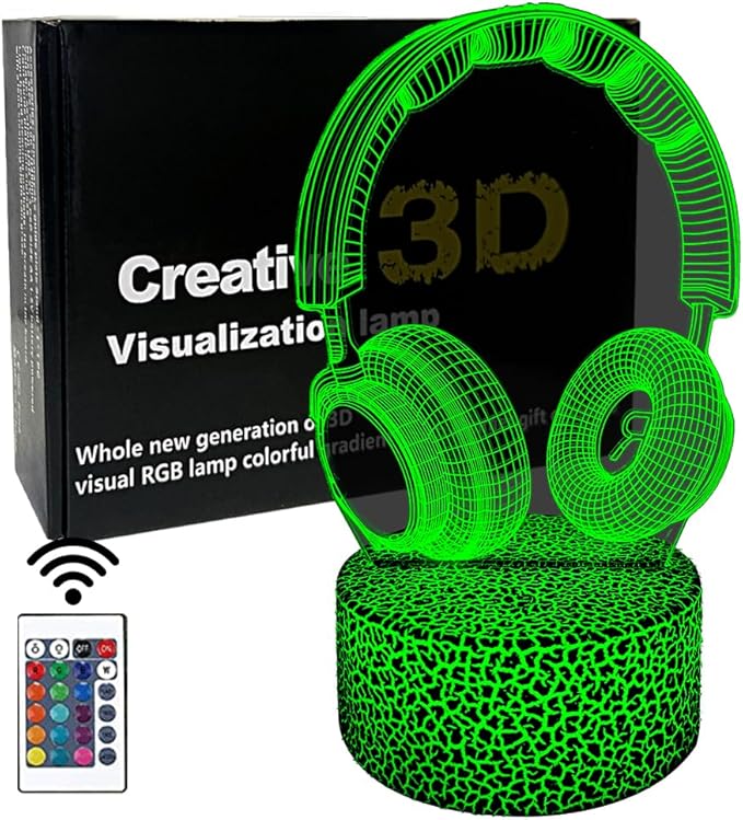 3D Headphone Night Light,3D Headset Illusion Lamp with 16 Colors Changes and Remote Control,Bedroom Decor, Table Lamp for Family, Friends - LeafyLoom