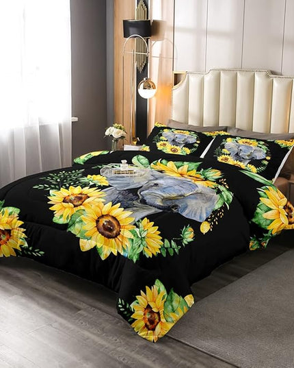 Elephant Comforter Set, Yellow Sunflower Down Comforter Full Size for Kids Girls Teens Adult Bedroom Decor, African Safari Animal Duvet Sets Floral Petal Country Bedding Set with 2 Pillow Cases - LeafyLoom