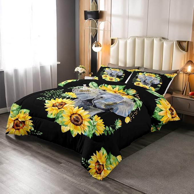 Elephant Comforter Set, Yellow Sunflower Down Comforter King Size for Kids Girls Teens Adult Bedroom Decor, African Safari Animal Duvet Sets Floral Petal Country Bedding Set with 2 Pillow Cases - LeafyLoom