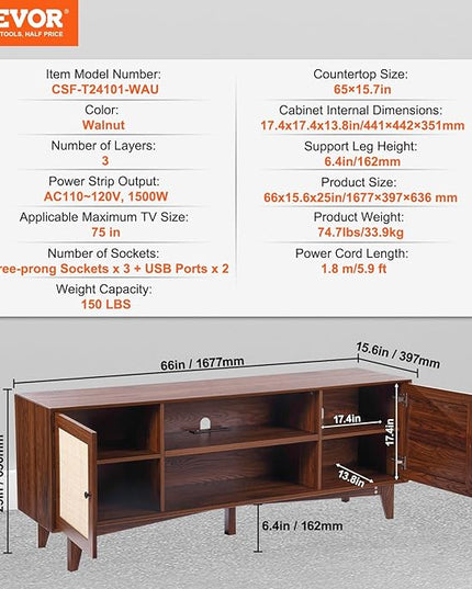 VEVOR Rattan TV Stand for 75in TV, Boho TV Stand with Rattan Door, Entertainment Center with Build-in Socket, Storage Cabinet with 2 Shelves, Modern TV Console for Living Room, Media Room, Walnut - LeafyLoom