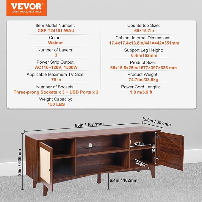 VEVOR Rattan TV Stand for 75in TV, Boho TV Stand with Rattan Door, Entertainment Center with Build-in Socket, Storage Cabinet with 2 Shelves, Modern TV Console for Living Room, Media Room, Walnut - LeafyLoom