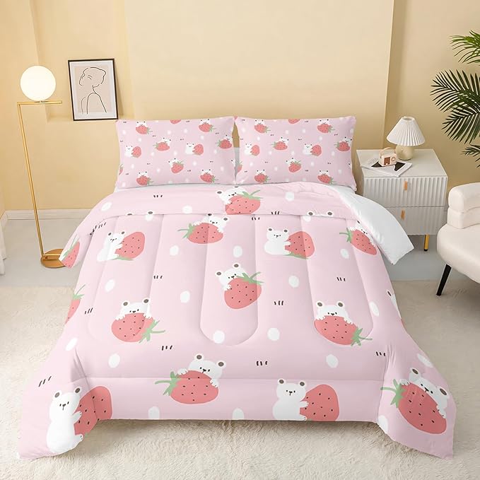 Cartoon Bear Comforter King Size,Pink Strawberry Comforter Set for Kids Teens Girls,3Pcs Bedding Set Printed Comforter with 2 Pillowcases,Down Alternative,Soft and Lightweight，King Size - LeafyLoom