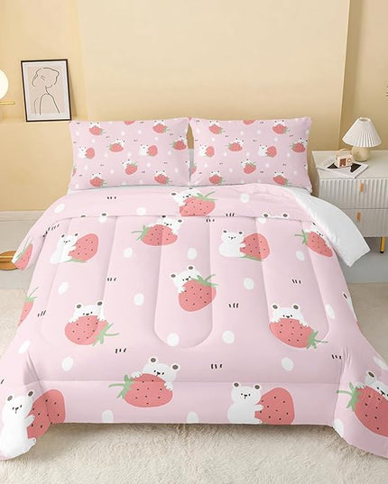Cartoon Bear Comforter Full Size,Pink Strawberry Comforter Set for Kids Teens Girls,3Pcs Bedding Set Printed Comforter with 2 Pillowcases,Down Alternative,Soft and Lightweight，Full Size - LeafyLoom