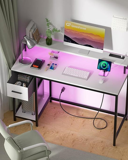 GreenForest Computer Desk with Drawers 47 inch,Gaming Desk with LED Lights & Power Outlets Small Desk with Monitor Stand and Reversible Shelf,White - LeafyLoom