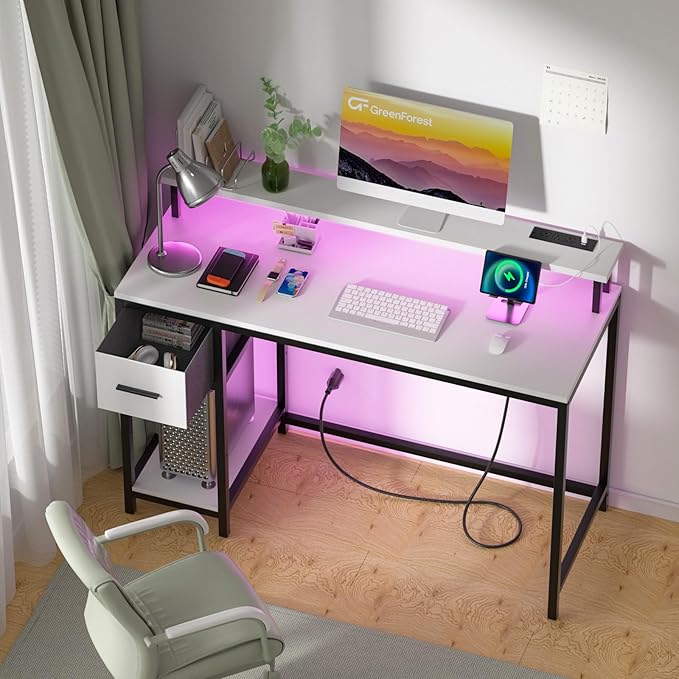 GreenForest Computer Desk with Drawers 47 inch,Gaming Desk with LED Lights & Power Outlets Small Desk with Monitor Stand and Reversible Shelf,White - LeafyLoom