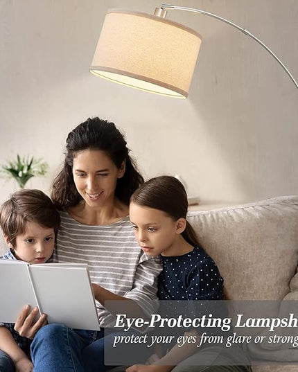 Arc Floor Lamps for Living Room, Silver Modern Floor Lamp, Adjustable Hanging Drum Shade, Tall Pole Lamp with Foot Switch, Over Couch Arched Reading Light for Bedroom, Office, LED Bulb Not Include - LeafyLoom