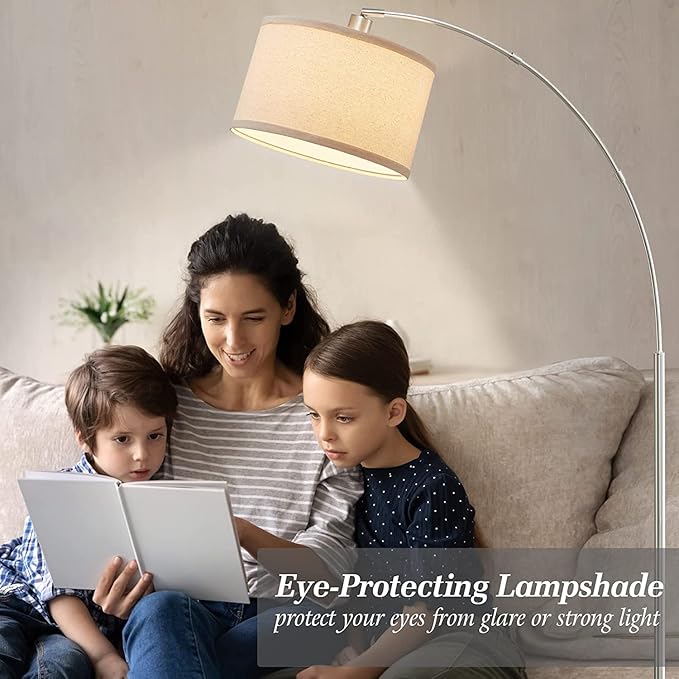 Arc Floor Lamps for Living Room, Silver Modern Floor Lamp, Adjustable Hanging Drum Shade, Tall Pole Lamp with Foot Switch, Over Couch Arched Reading Light for Bedroom, Office, LED Bulb Not Include - LeafyLoom