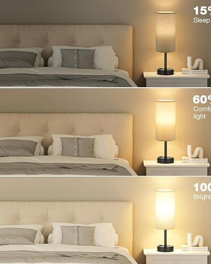 Beige Touch Table Lamp for Bedroom - 3 Way Dimmable Bedside Lamp USB C Charging Ports and AC Outlet, Small Lamp with Fabric Shade Black Base for Living Room, Office Desk, LED Bulb Included - LeafyLoom
