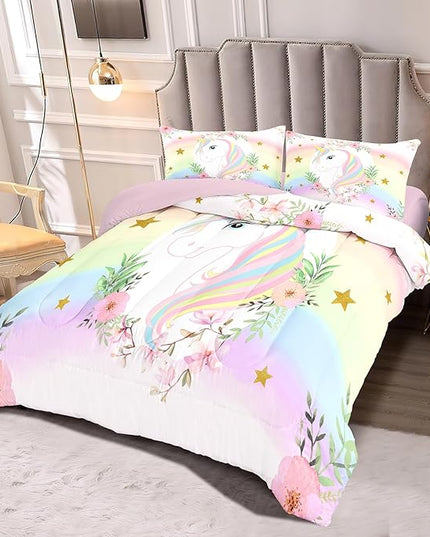 Kids Comforter Bedding Set 3 Piece Super Soft Breathable Print Kids Bedding Sets for Girls, Machine Washable Durable Comforter Set with Comforter, 2 Pillowcases Flowers Stars (Twin,Unicorn) - LeafyLoom
